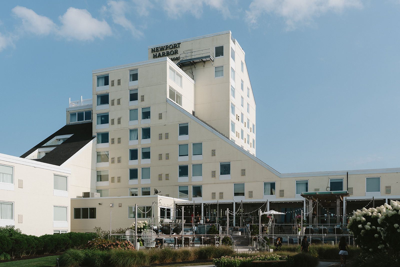 Building view of Newport Harbor Island Resort Wedding Venue by Madison Van Wylen