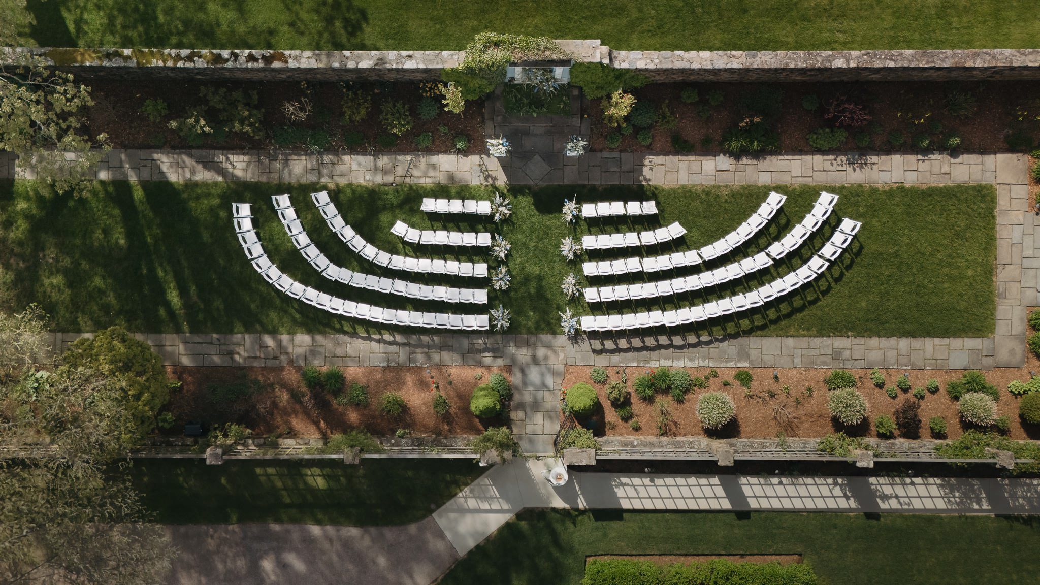 Aerial drone view of the Beatrix Farrand Walled Garden ceremony space at Shepherd’s Run in South Kingstown