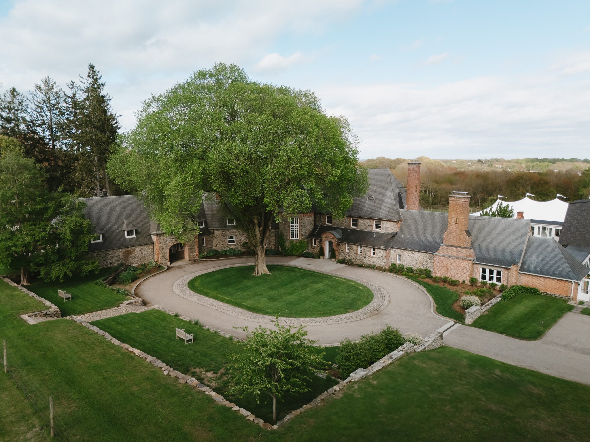 Aerial drone view of Shepherd’s Run vineyard estate and wedding venue in South Kingstown